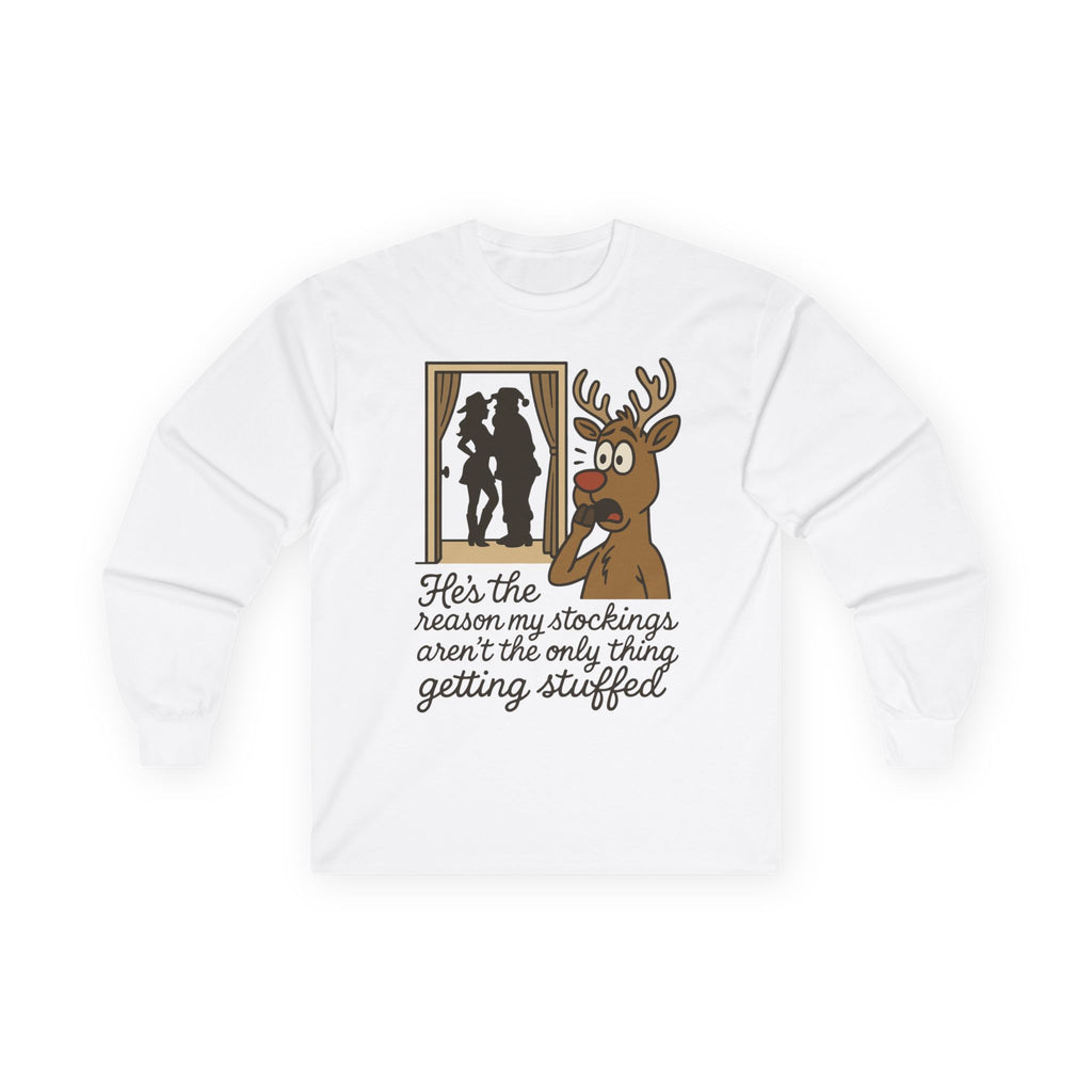 Reindeer Peeking Window Funny Christmas Long Sleeve Tee