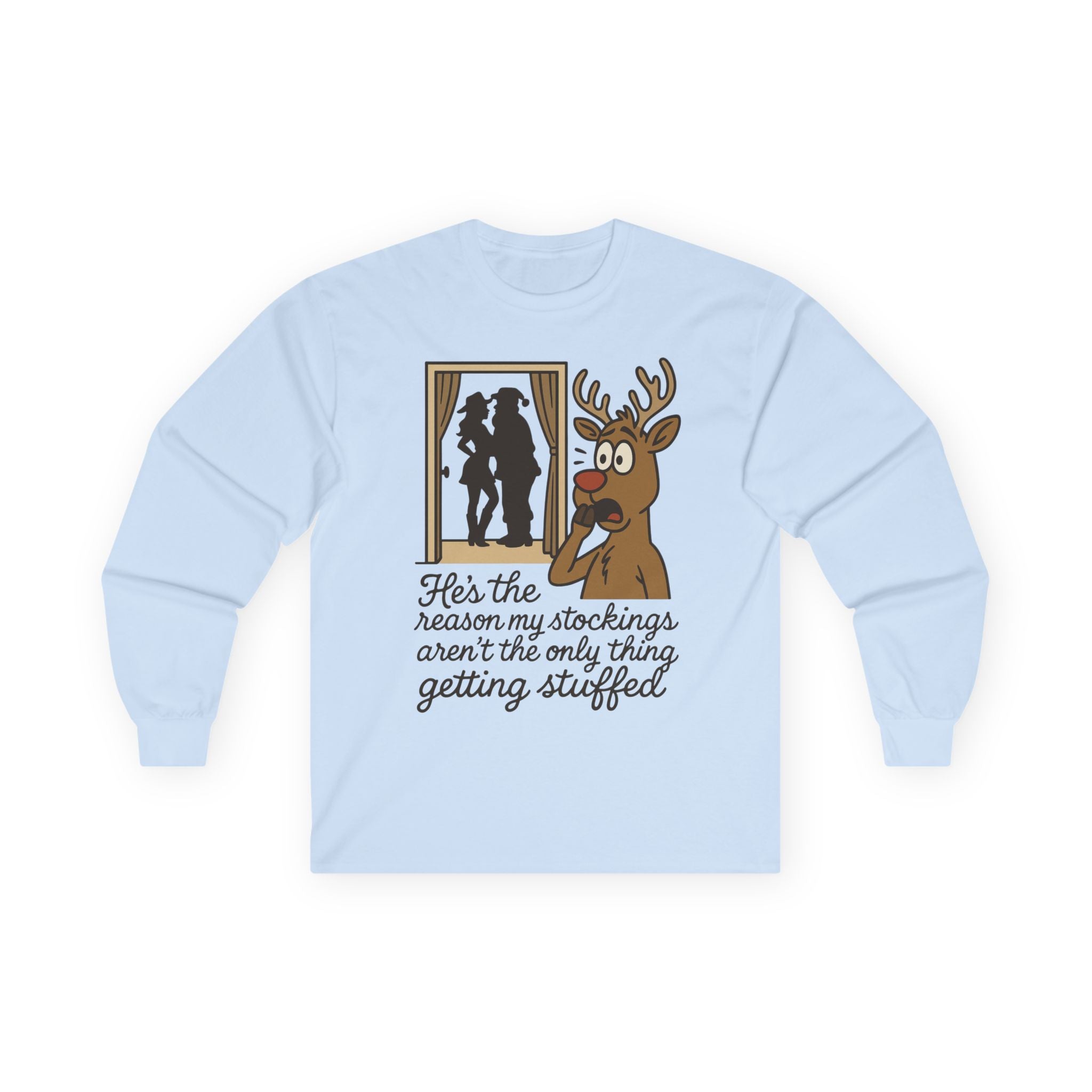 Reindeer Peeking Window Funny Christmas Long Sleeve Tee
