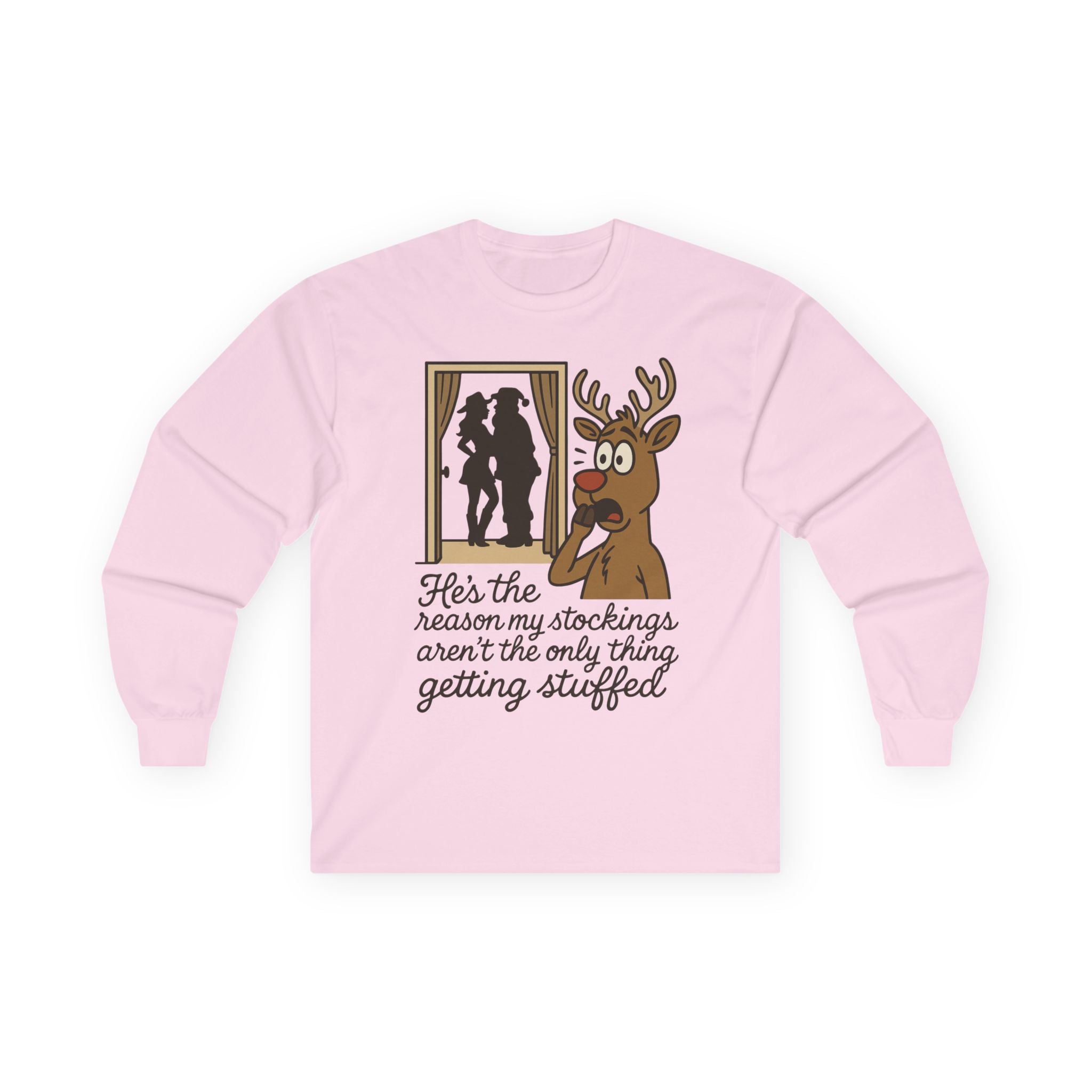 Reindeer Peeking Window Funny Christmas Long Sleeve Tee