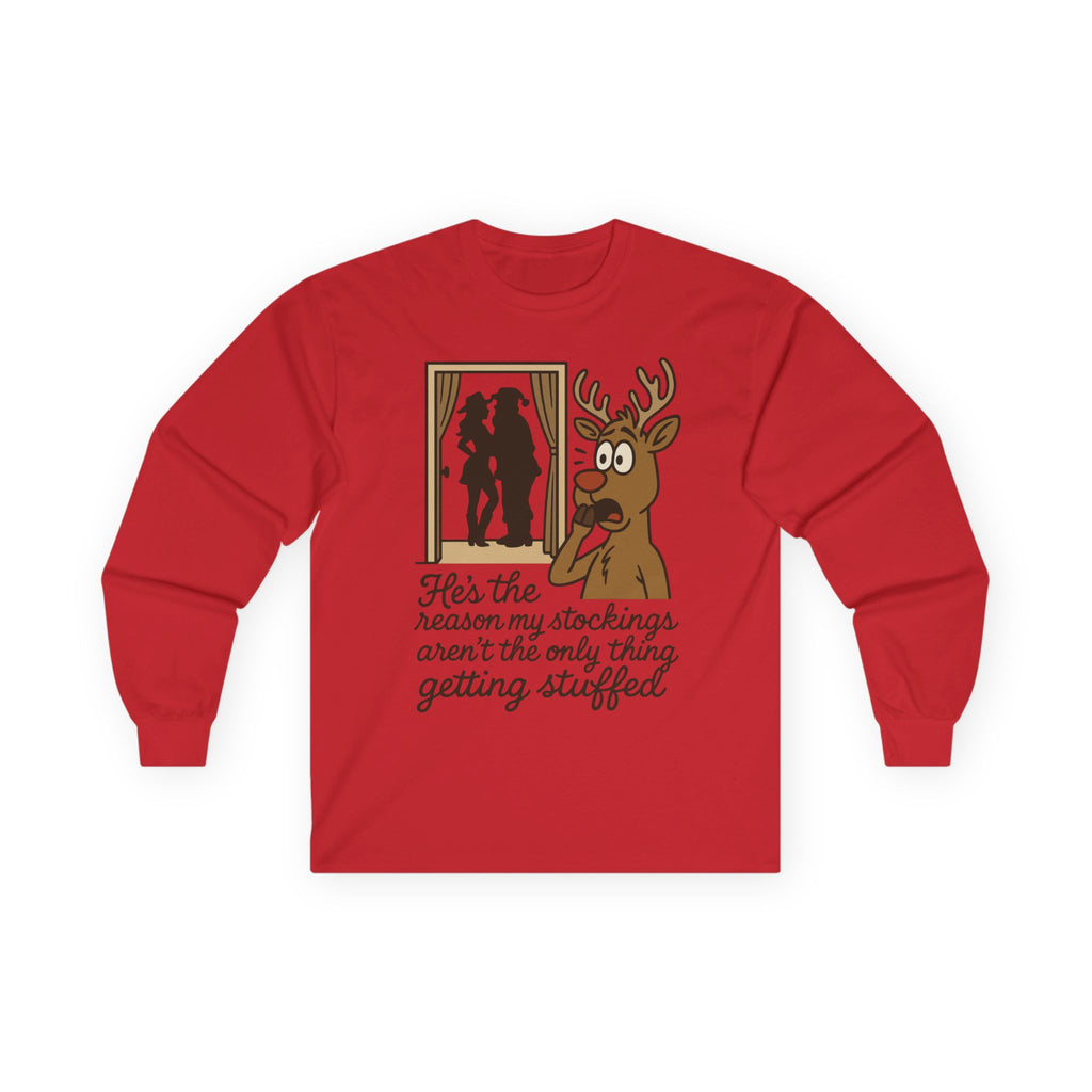 Reindeer Peeking Window Funny Christmas Long Sleeve Tee