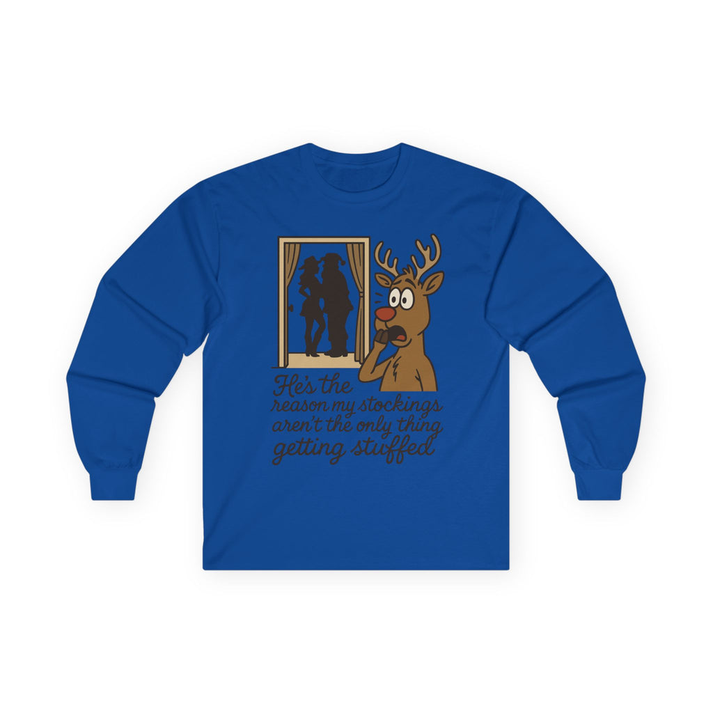 Reindeer Peeking Window Funny Christmas Long Sleeve Tee