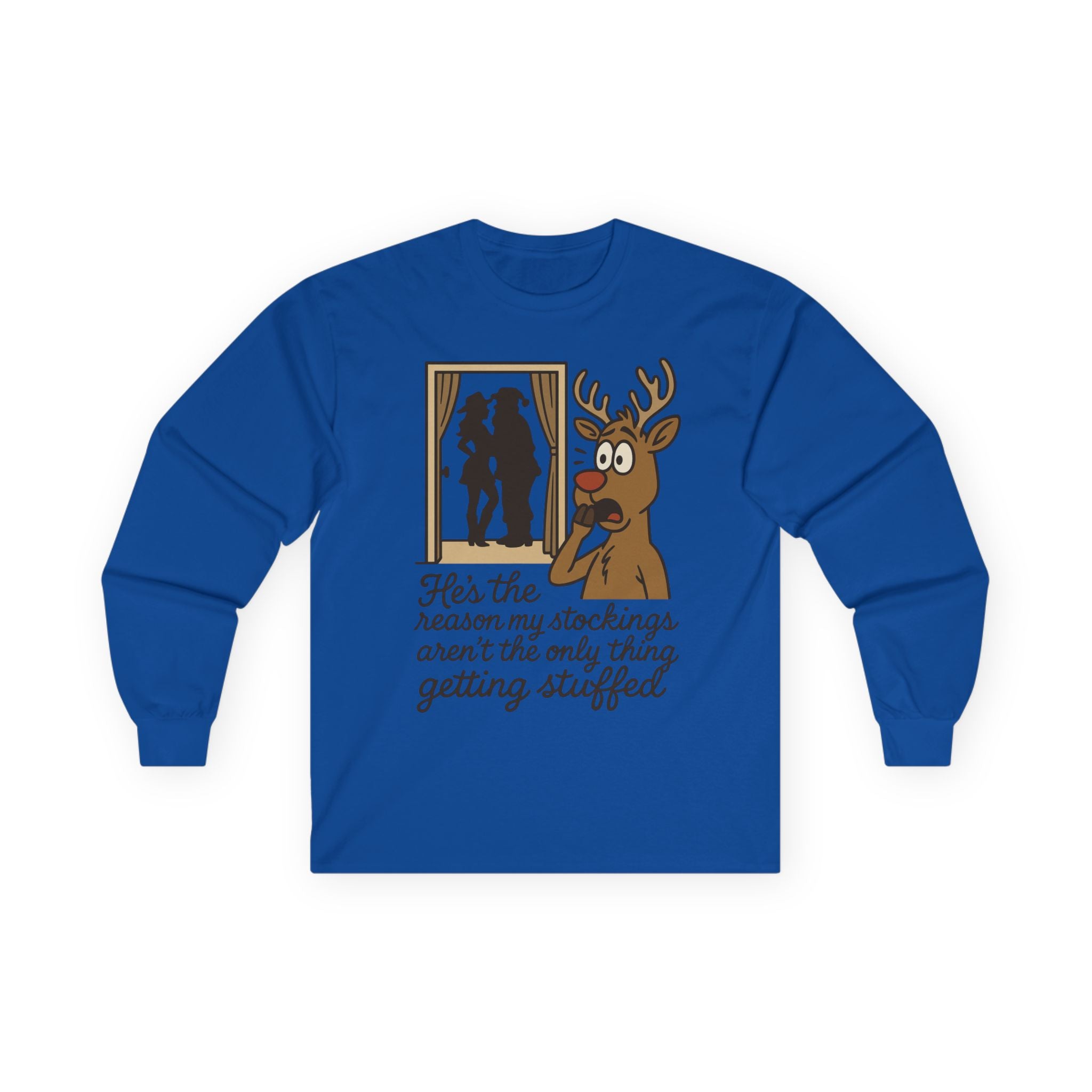 Reindeer Peeking Window Funny Christmas Long Sleeve Tee
